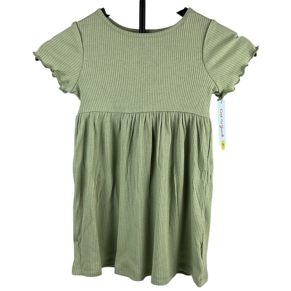 NWT Cat & Jack Girls' Dress 4T Light Olive Green Ribbed Knit Short Sleeve Casual